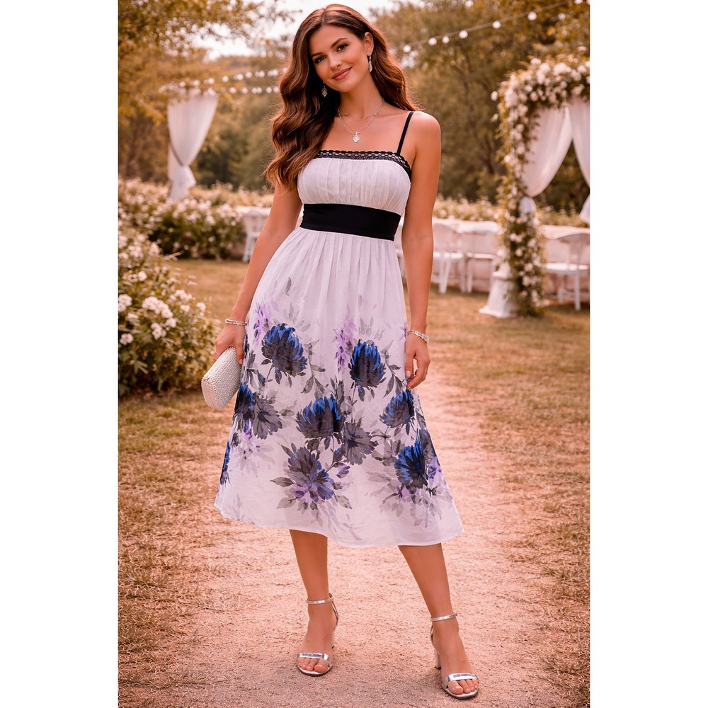 Boho Whimsigoth Fairycore White Black Floral Sleeveless Floral 8 Midi Dress
